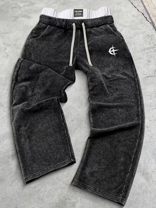 Men's Casual Loose Black Double-Waist Long Pants