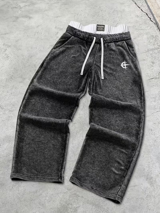 Men's Casual Loose Black Double-Waist Long Pants
